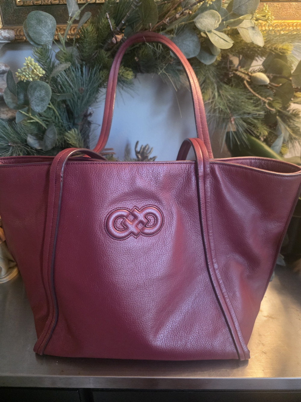 Cole Haan Burgundy Pebbled Leather Tote - Picture 2 of 4